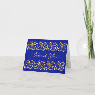 Leafy golden swirls, blue damask Thank You Card