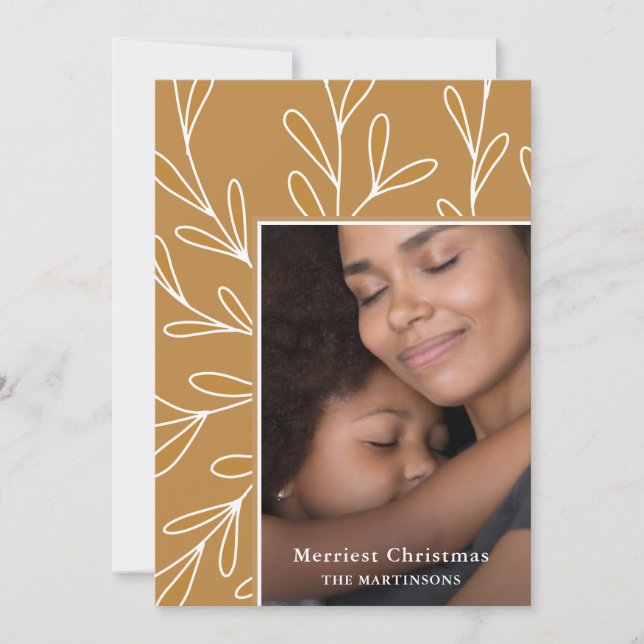 Leafy Golden Yellow Frame Photo Holiday Card (Front)
