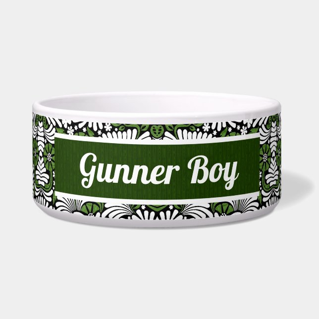 Leafy Green and White Tropical Print with Name Bowl (Front)