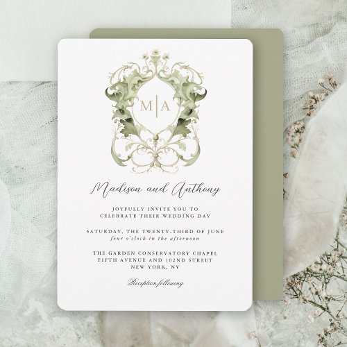 Leafy Green Botanical Wedding Crest with Monogram Invitation
