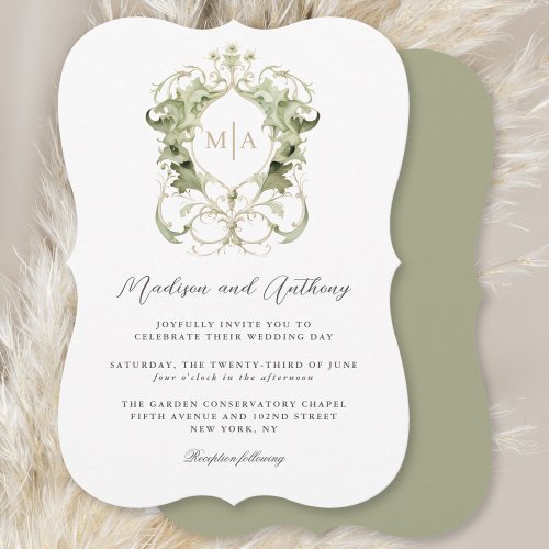 Leafy Green Botanical Wedding Crest with Monogram Invitation