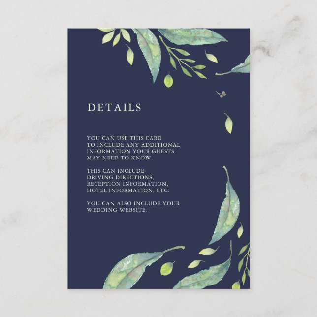 Leafy Green | Dark Blue Wedding Guest Information Enclosure Card (Front)