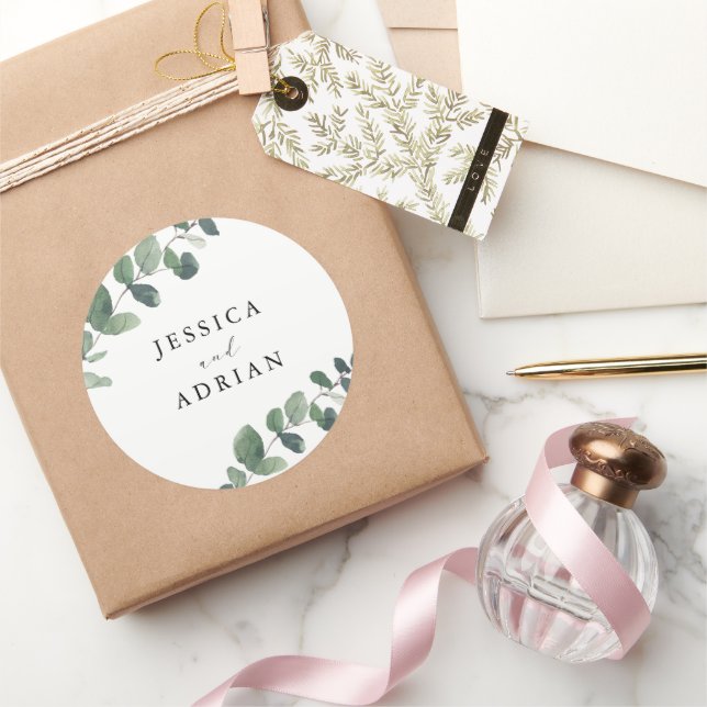 Leafy Green Elegance Wedding Classic Round Sticker (Gifting)