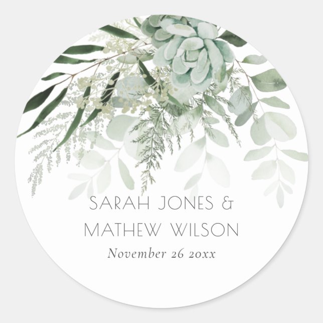 Leafy Green Fern Succulent Frame Foliage Wedding Classic Round Sticker (Front)