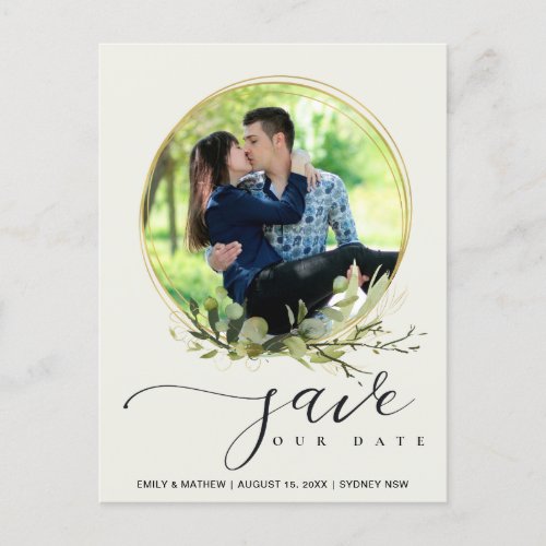 LEAFY GREEN FOLIAGE WATERCOLOR PHOTO SAVE THE DATE ANNOUNCEMENT POSTCARD