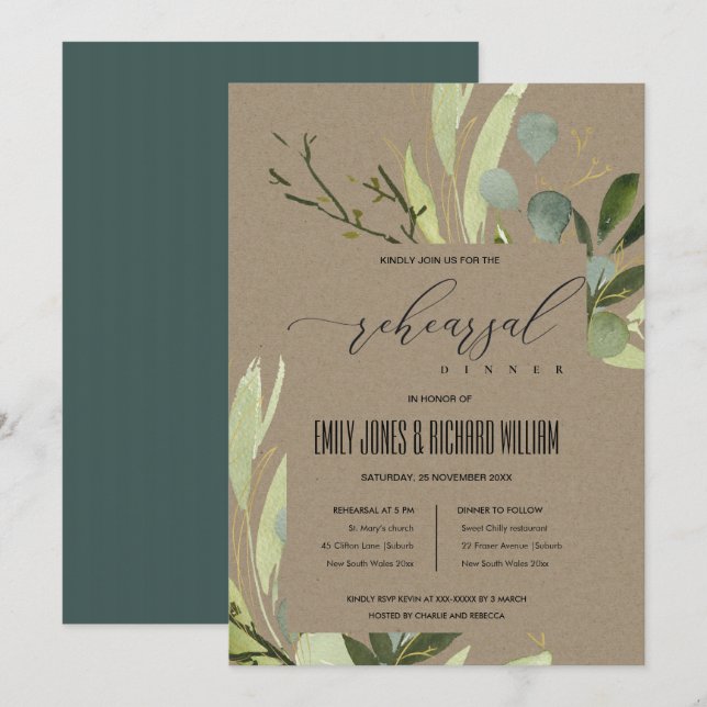 LEAFY GREEN FOLIAGE WATERCOLOR REHEARSAL DINNER INVITATION (Front/Back)