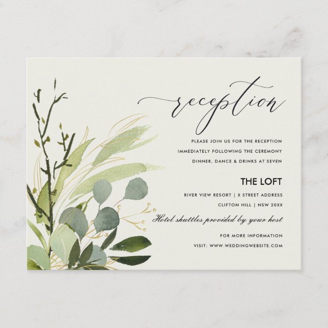 LEAFY GREEN FOLIAGE WATERCOLOR WEDDING RECEPTION ENCLOSURE CARD (Front)