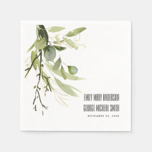 LEAFY GREEN GOLD FOLIAGE BUNCH WATERCOLOR WEDDING NAPKINS