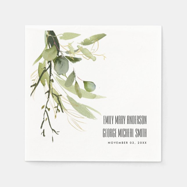 LEAFY GREEN GOLD FOLIAGE BUNCH WATERCOLOR WEDDING NAPKINS (Front)