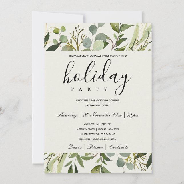 LEAFY GREEN GOLD FOLIAGE CORPORATE HOLIDAY PARTY INVITATION (Front)