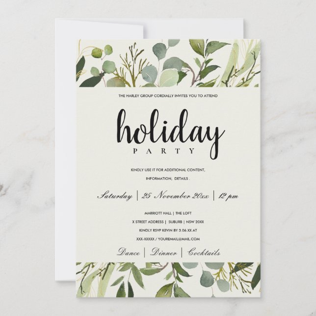 LEAFY GREEN GOLD FOLIAGE CORPORATE HOLIDAY PARTY INVITATION (Front)