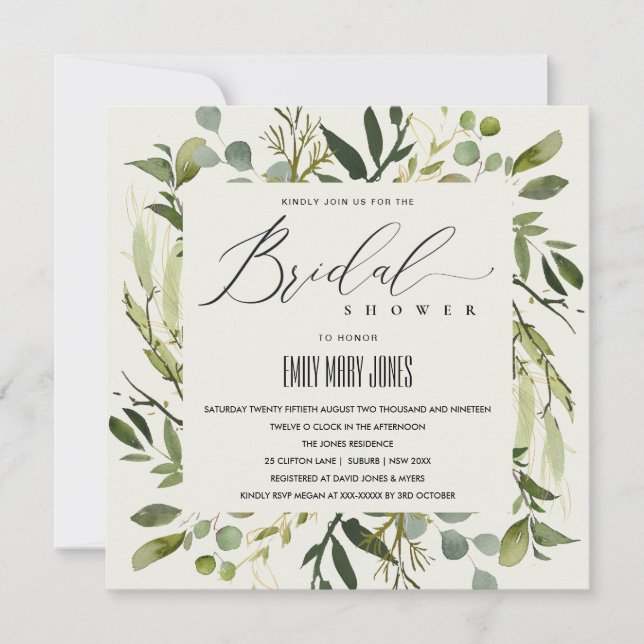 LEAFY GREEN GOLD FOLIAGE WATERCOLOR BRIDAL SHOWER INVITATION (Front)
