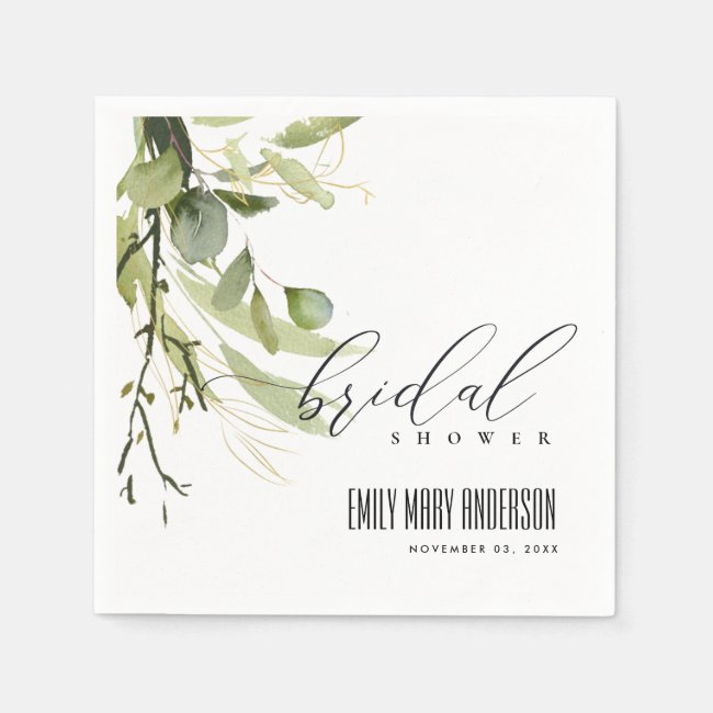 LEAFY GREEN GOLD FOLIAGE WATERCOLOR BRIDAL SHOWER NAPKINS