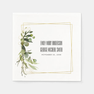 LEAFY GREEN GOLD FOLIAGE WREATH WATERCOLOR WEDDING NAPKINS