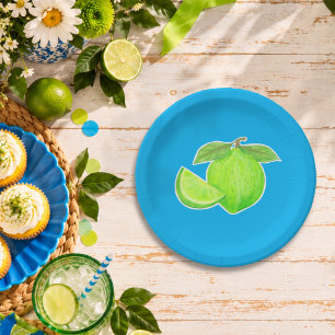 Leafy Green Lime on Bright Blue Hand Drawn Citrus Paper Plates