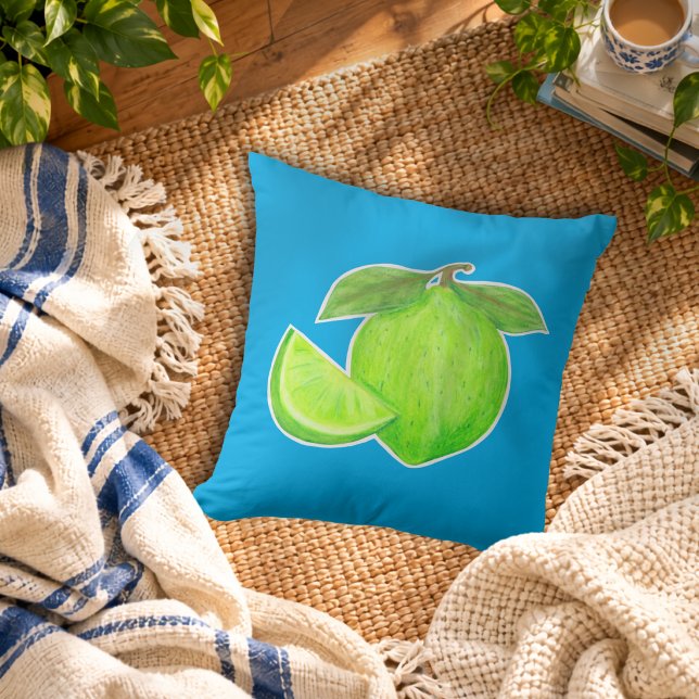 Leafy Green Lime with Bright Blue Citrus Pattern Throw Pillow (Creator Uploaded)