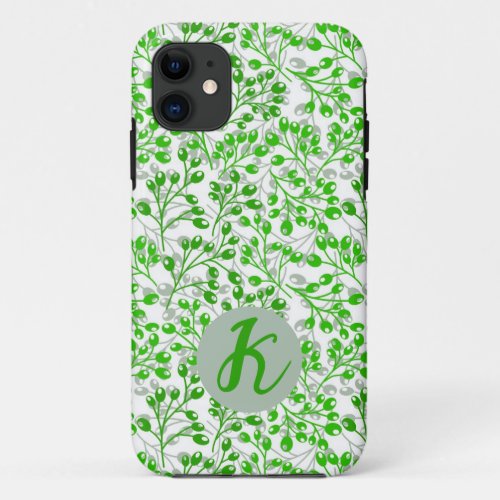 Leafy Green Pattern Modern Elegant Monogrammed iPhone 11 Case
