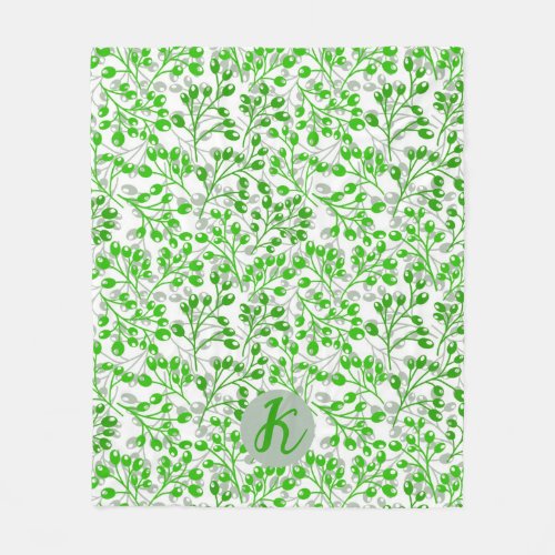 Leafy Green Pattern Modern Elegant Monogrammed Fleece Blanket
