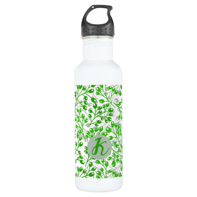 Leafy Green Pattern Modern Elegant Monogrammed Stainless Steel Water Bottle (Front)