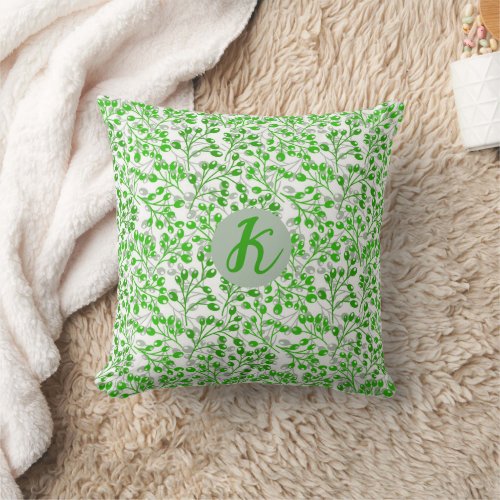 Leafy Green Pattern Modern Elegant Monogrammed Throw Pillow
