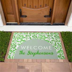 Leafy Green Pattern Modern Elegant Welcome Name  Doormat