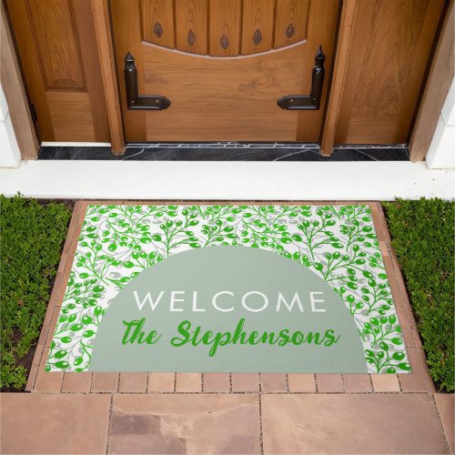 Leafy Green Pattern Modern Elegant Welcome Name  Doormat