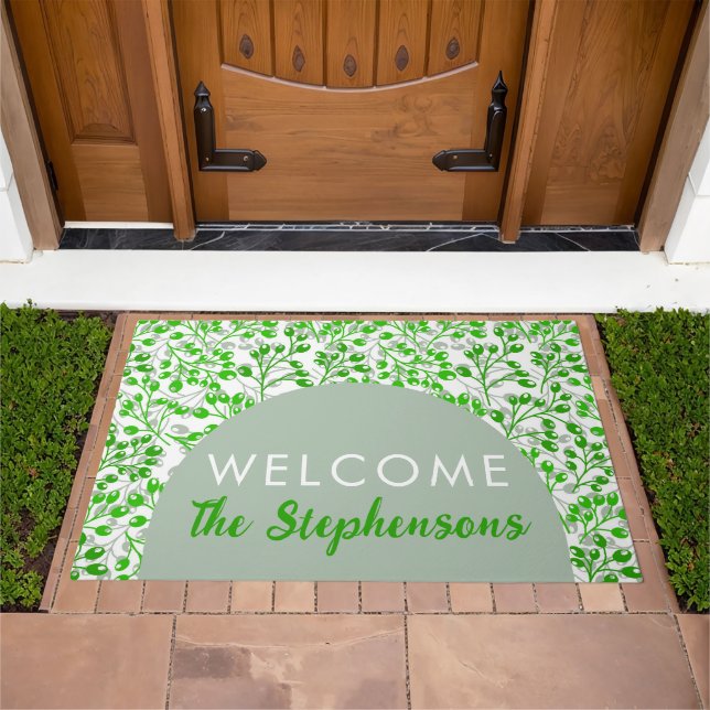 Leafy Green Pattern Modern Elegant Welcome Name  Doormat (Outdoor)