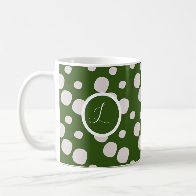 Leafy Green Pink Dots Initial Coffee Mug (Left)