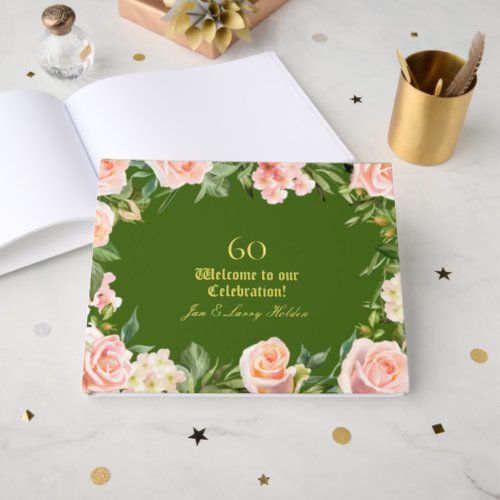 Leafy Green Pink Rose Border 60 Anniversary  Foil Guest Book