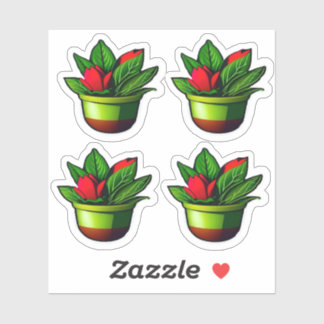 Leafy Green Plant with Red Flowers Potted Design Sticker