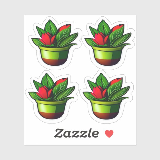 Leafy Green Plant with Red Flowers Potted Design Sticker (Sheet)