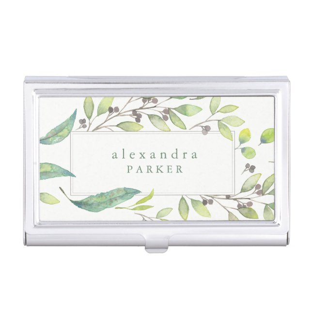 Leafy Green | Trendy Watercolor Frame Business Card Case (Front)