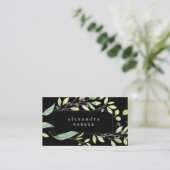 Leafy Green | Trendy Watercolor on Black Business Card (Standing Front)