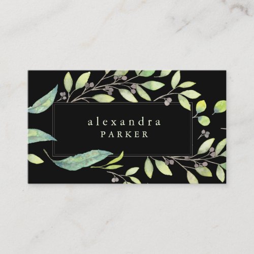 Leafy Green  Trendy Watercolor on Black Business Card