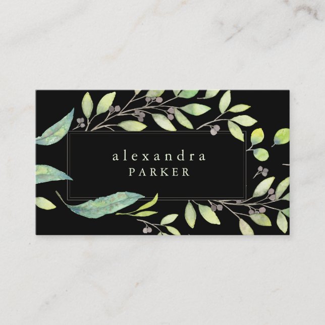 Leafy Green | Trendy Watercolor on Black Business Card (Front)