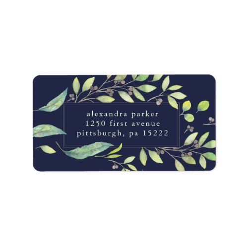 Leafy Green  Trendy Watercolor on Midnight Blue Label