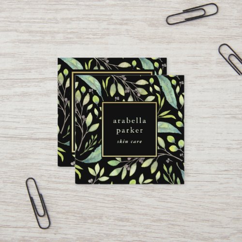 Leafy Green  Trendy Watercolor Pattern on Black Square Business Card