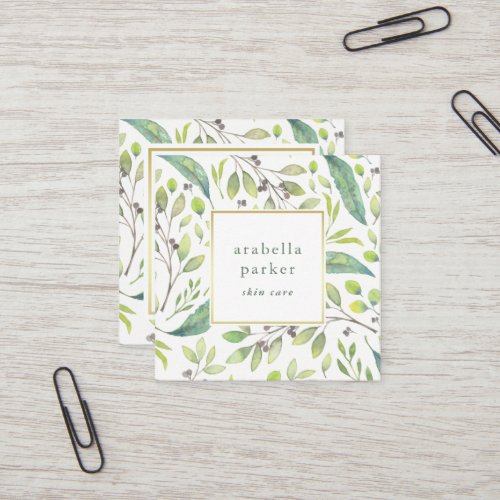 Leafy Green  Trendy Watercolor Pattern Square Business Card