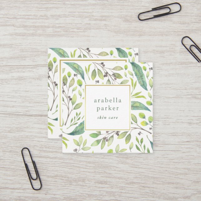Leafy Green | Trendy Watercolor Pattern Square Business Card (Front/Back In Situ)