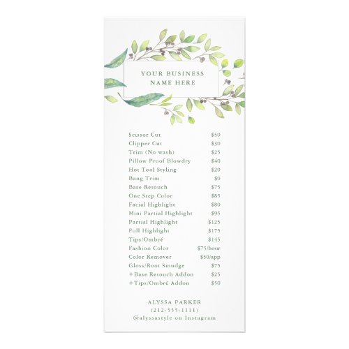Leafy Green Watercolor Frame  Salon Price List Rack Card