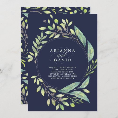 Leafy Green Watercolor Frame Wedding  Dark Blue Invitation