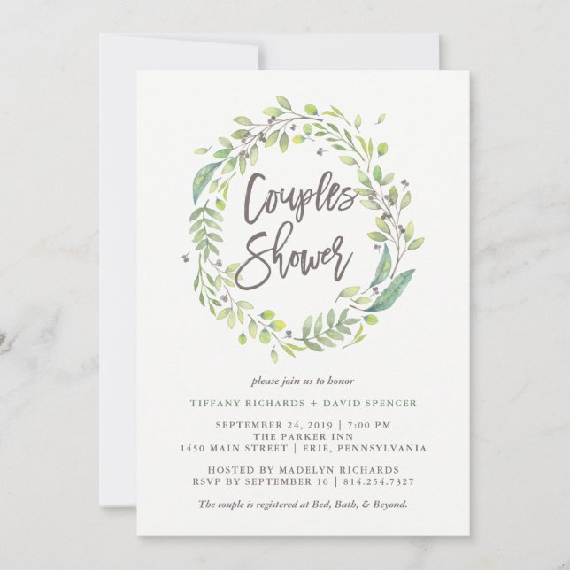 Leafy Green | Watercolor Wreath Couples Shower Invitation (Front)