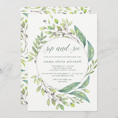Leafy Green  Watercolor Wreath Sip and See Invitation