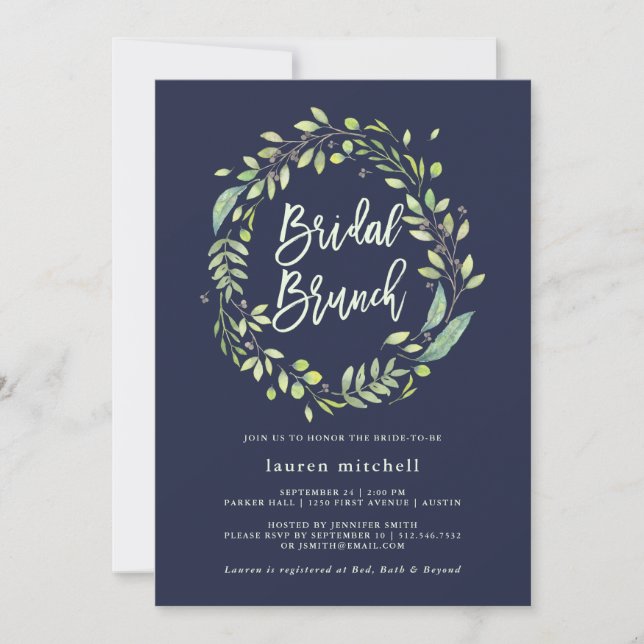 Leafy Green Wreath | Midnight Blue Bridal Brunch Invitation (Front)