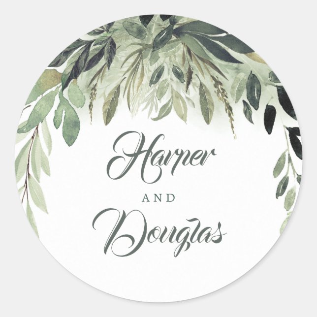 Leafy Greenery Elegant Wedding Classic Round Sticker (Front)