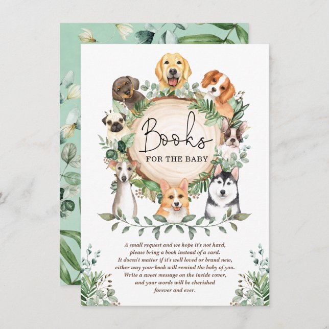 Leafy Greenery Puppy Dog Books for Baby Shower Enclosure Card (Front/Back)