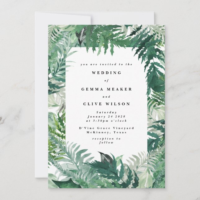 Leafy Greenery Watercolor Wedding Invitation (Front)