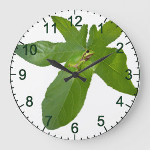 "Leafy Haven: A Small Green Frog on a Grape Leaf" Large Clock