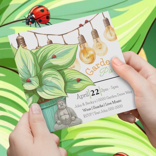 Leafy Hosta Plant with Ladybugs and Buddha Invitation