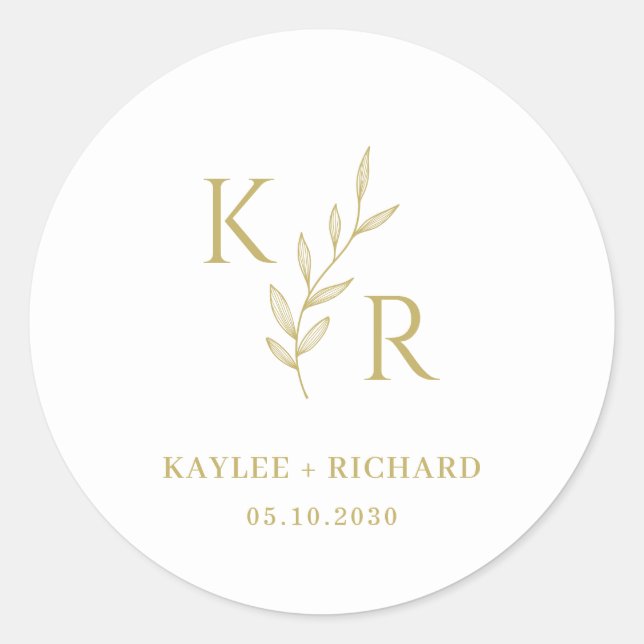 Leafy Initials Wedding Engagement Party Favor Classic Round Sticker (Front)
